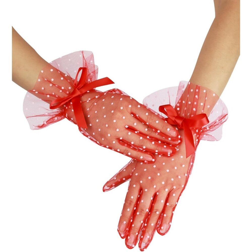 Women's Evening Red Bow Short Lace Gloves Ruffles Wedding Party Accessories
